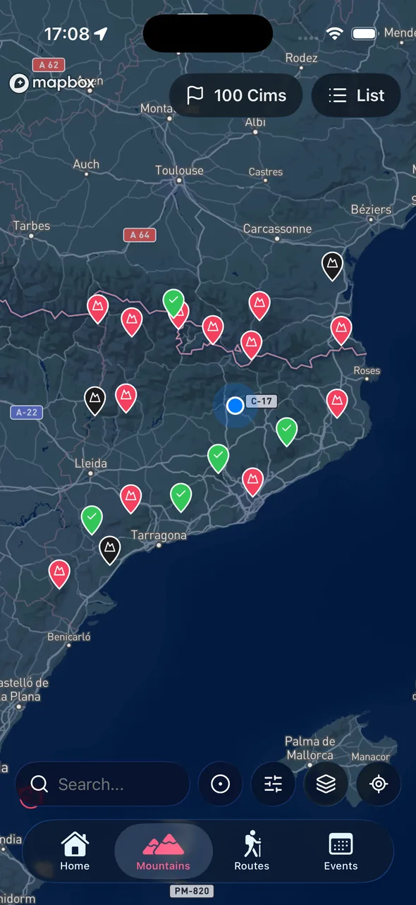 Map of peaks filtered by challenge