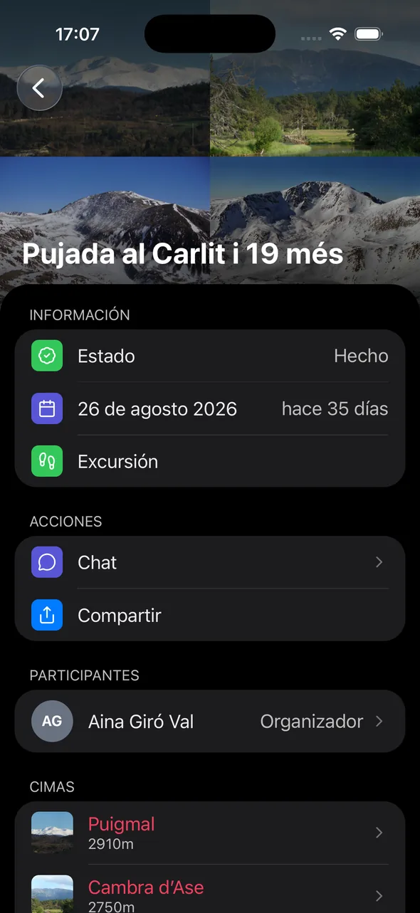 Página de un plan con estado, fecha y participantes